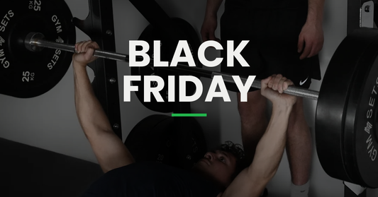 Black Friday banner with a man bench pressing a barbell
